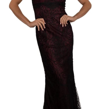 1990s Black Burgundy Rayon Silk Chantilly Lace Short Sleeve Swan Neck Gown Fully Lined In Satin 