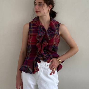 90s Ralph Lauren linen ruffle blouse / vintage madras plaid linen peplum sleeveless ruffle blouse | S 