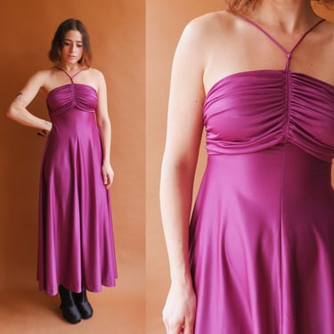 Vintage 70s Plum Disco Dress/ 1970s Spaghetti Strap Slinky Maxi Dress/ Purple Gown/ Size XS 