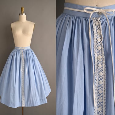 vintage 1950s Skirt | Chambray Blue High Waist Cotton Full Skirt | XS 