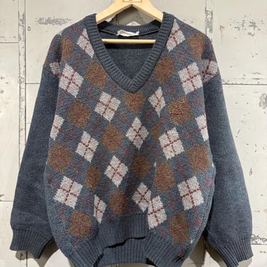 Vintage Argyle Pattern V neck Sweater Pull Over soft cozy wool acrylic sweater Preppy style 