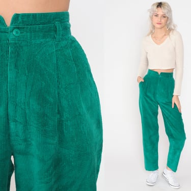 Pleated Corduroy Pants 80s Green High Waisted Trousers Mom Pants High Waist 1980s Tapered Relaxed 90s Vintage Extra Small xs 24 