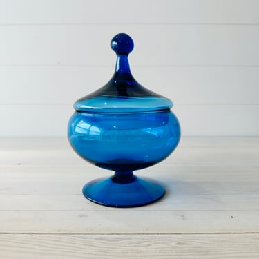 Empoli Cobalt Blue Apothecary Jar Hand Crafted Vintage Italian Blown Glass 8.25 Inches Tall 