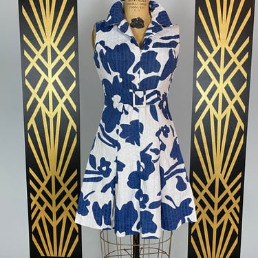 Tori Richards, hawaiian mini dress, blue and white, scooter dress, size small, vintage 60s dress, waffle cotton, 26 27, tiki dress, island 