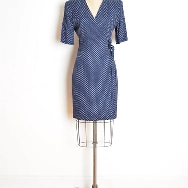 vintage 90s dress navy blue white polka dot print flutter mini wrap dress M L clothing grunge 