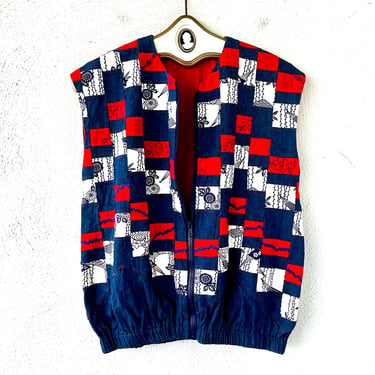 Vintage Patchwork Denim Vest Asian Floral Jacket 80s 90s Red White Blue Quilt Top 