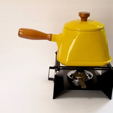 Vintage Fondue Pot with Stand and Burner Yellow Porcelain Enamel Mid Century Fondue Set Japan Fondue Set with Original Box 
