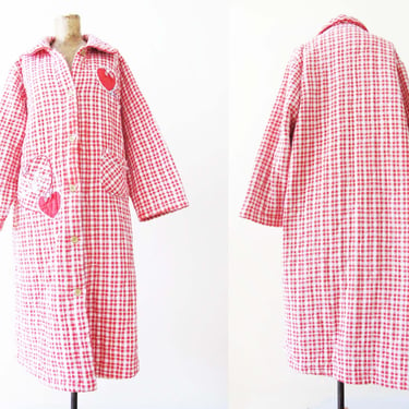 Vintage Red Gingham Plaid Quilted Robe - 90s Long Button Up Duster Jacket with Red Heart Patches - Quirky Style 