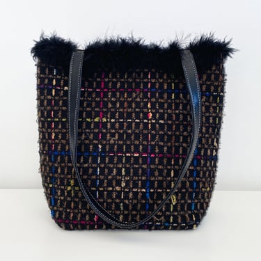 Plaid Tweed Tote With Maribou Trim