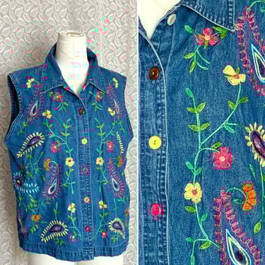 Vintage Embroidered Denim Top, Neon Colors, Multi Stitching, Sleeveless, Button Down Shirt 