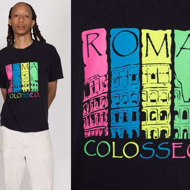 Large 90s Roma Colosseo T Shirt | Vintage Rome Italy Black Neon Graphic Tourist Tee 