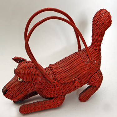 1950s Novelty Red Wicker Dog Top Handle Purse 
