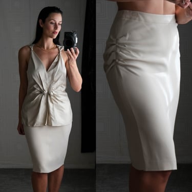 GIORGIO ARMANI Taupe Silk Ruched Scrunch Hip Skirt | Made in Italy | 100% Silk | Y2K 2000s ARMANI Designer Minimalist Modern Silk Skirt 