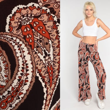 Paisley Bell Bottom Pants 70s Brown Psychedelic Pants Bohemian Hippie Trousers High Waisted Boho Festival Wide Leg Orange Small Medium 