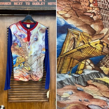 Vintage 1960’s -Deadstock- Cartoon Apocalypse City Destruction Pop Art Knit Mod Henley Long Sleeve Tee-Shirt Top, Vintage Clothing 