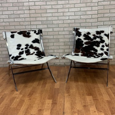Mid Century Modern Antonio Citterio ”Timeless” Lounge Scissor Chairs for Flexform Newly Upholstered in a Black and White Cowhide - Pair
