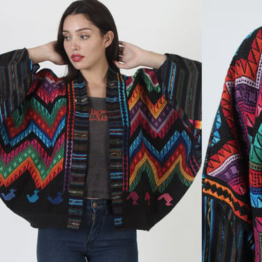 Cropped Guatemalan Embroidered Jacket / Mexican Rainbow Metallic Cocoon Coat / Draped Aztec Festival Bolero 