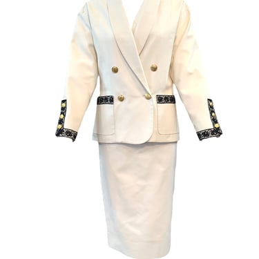 Chanel 90s White Cotton Pique Suit with Black Lace Trim