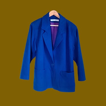 Cobalt Blue Coat, Wool Pocket Front Coat, Vintage 90s Minimal Short Coat, Oversized Baggy Fit Wool Jacket, Vibrant Colorful Winter Coat 