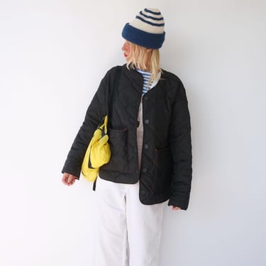 Vintage Black Quilted Liner Jacket Oversized |  Black Quilt Army Liner Coat |  Military Puffer Coat Bomber | M 