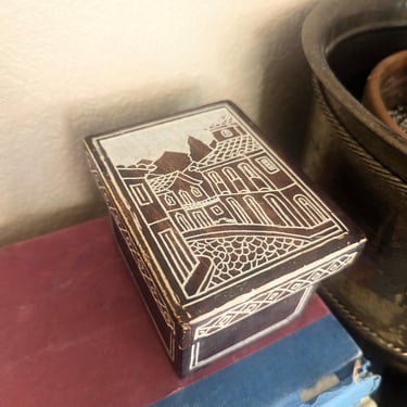 Handcarved Signed Lidded Stone Box with Cityscape 