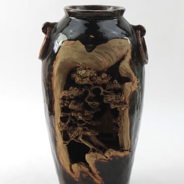 Vintage Japanese Banko Ware 3D Carved Redware Vase Bonsai Tree Mountain Scene 