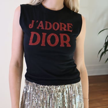 Christian Dior by John Galliano 'J'adore Dior' Black + Red Muscle Tee Y2K 2000s FR 28 S M Vintage World Champion 1947 