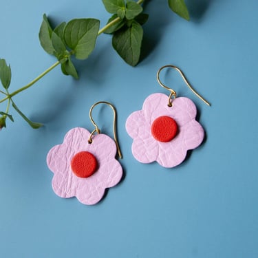 Juicy Blooms Flower Earrings in Pink + Red - Lightweight & Made from Reclaimed Leather 