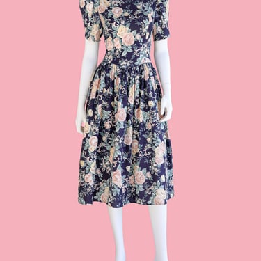 vintage floral bouffant dress size small floral dress spring dresses for women easter dress puff sleeve dress corset dress midi dress blue 