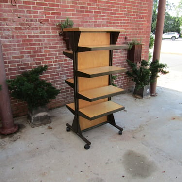 Vintage MCM steel and birch plywood rolling adjustable shelved bookcase 