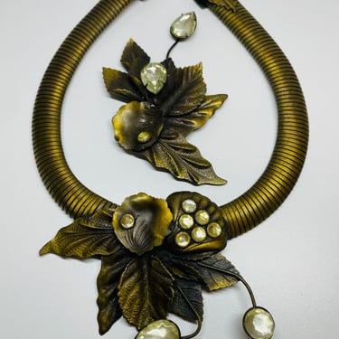 Bronze Tone Flowers and Rhinestone Necklace and Brooch Set