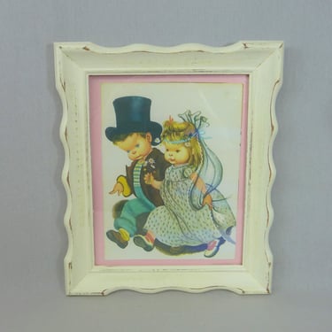 Vintage Eloise Wilkin Illustration - Boy Girl Playing Wedding Little Golden Book Art - Shabby Distressed White Frame - 8