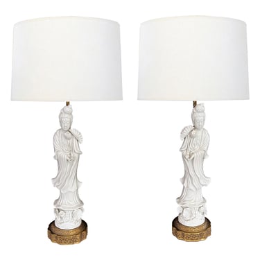 A Pair of Chinese Porcelain Blanc de Chine Figural Lamps of the Goddess GuanYin