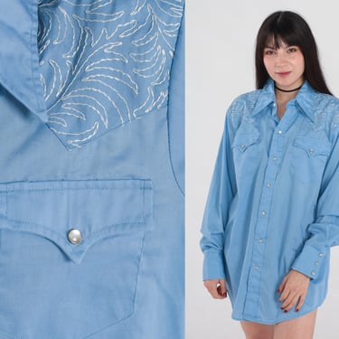 Blue Western Shirt 70s Embroidered Pearl Snap Shirt Leaf Print Embroidery Long Sleeve Button Up Rodeo Cowboy Vintage 1970s Mens Large 16 1/2 