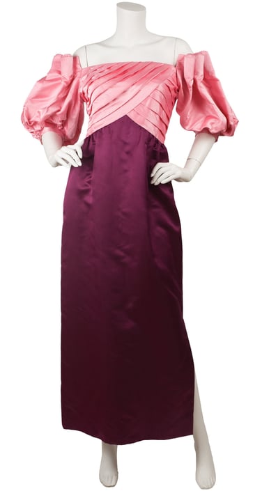 Michael Novarese 1980s Vintage Pink & Magenta Silk Satin Puff Sleeve Gown Sz XS 