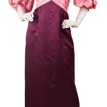 Michael Novarese 1980s Vintage Pink & Magenta Silk Satin Puff Sleeve Gown Sz XS 