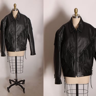 1980s Black Leather Fringe Long Sleeve Motorcycle Jacket Coat by Wild Ride -XXL 