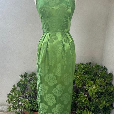 Vintage 60s maxi dress emerald green pink floral satin Sz XS by Miss Trude Jr of Ca 