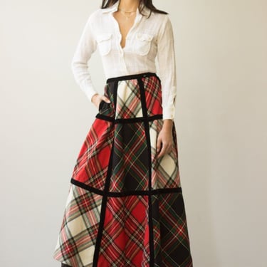 1960s Plaid Wool and Velvet Maxi Skirt 