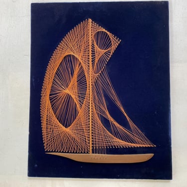 Mid Century Copper Wire Art Sail Boat, Ship, Midnight Blue Velvet Ground, Large Size 20
