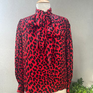 Vintage Yves Saint Laurent silk blouse top red black leopard print Sz 34 Small 