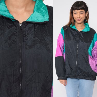 90s Windbreaker Jacket Neon Color Block Quilted Jacket Shiny Black Turquoise Green Hot Pink Print Streetwear Vintage 1990s Large xl l 