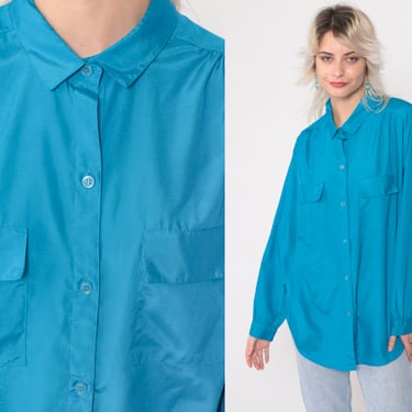 Turquoise Blue Blouse 80s 90s Button Up Top Silky Gathered Shoulder Collared Shirt Plain Long Roll Tab Sleeve Pocket Vintage 1990s Large 14 