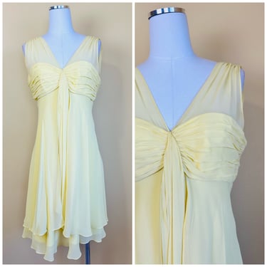 1990s Vintage Donna Rico Pastel Silk Dress / 90s Yellow Ruched Empire Waist Babydoll Gown / Size Medium 