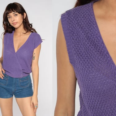 80s Purple Knit Shirt Wrap Top Semi Sheer Button Up Open Weave Sweater Vest Boho Spring Deep V Neck Retro Vintage 1980s Sleeveless Medium 