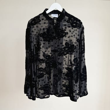 Onyx Velvet Sheer Mandarin Collar Top