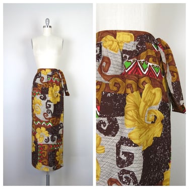 Vintage 1970s Hawaiian Barkcloth maxi skirt cotton wrap tie 