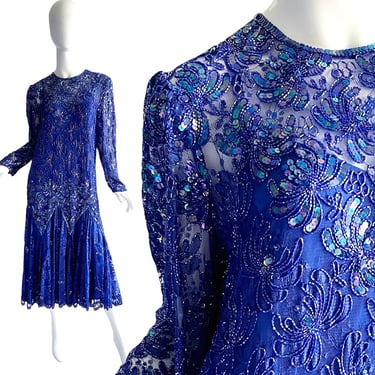 80s Judith Ann Sequin Lace Dress / Vintage Royal Blue Beaded Dress / 1980s Flapper Disco Party Cocktail Dress 