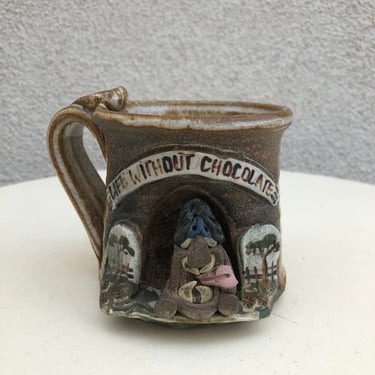 SALE Vintage kitsch pottery coffee brown mug with troll 3D figure “Life without Chocolate “ 