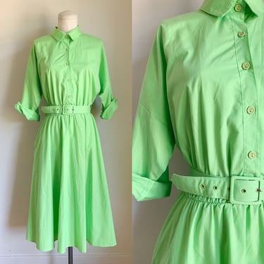 Vintage 1980s Lime Green Shirtwaist Dress / M 